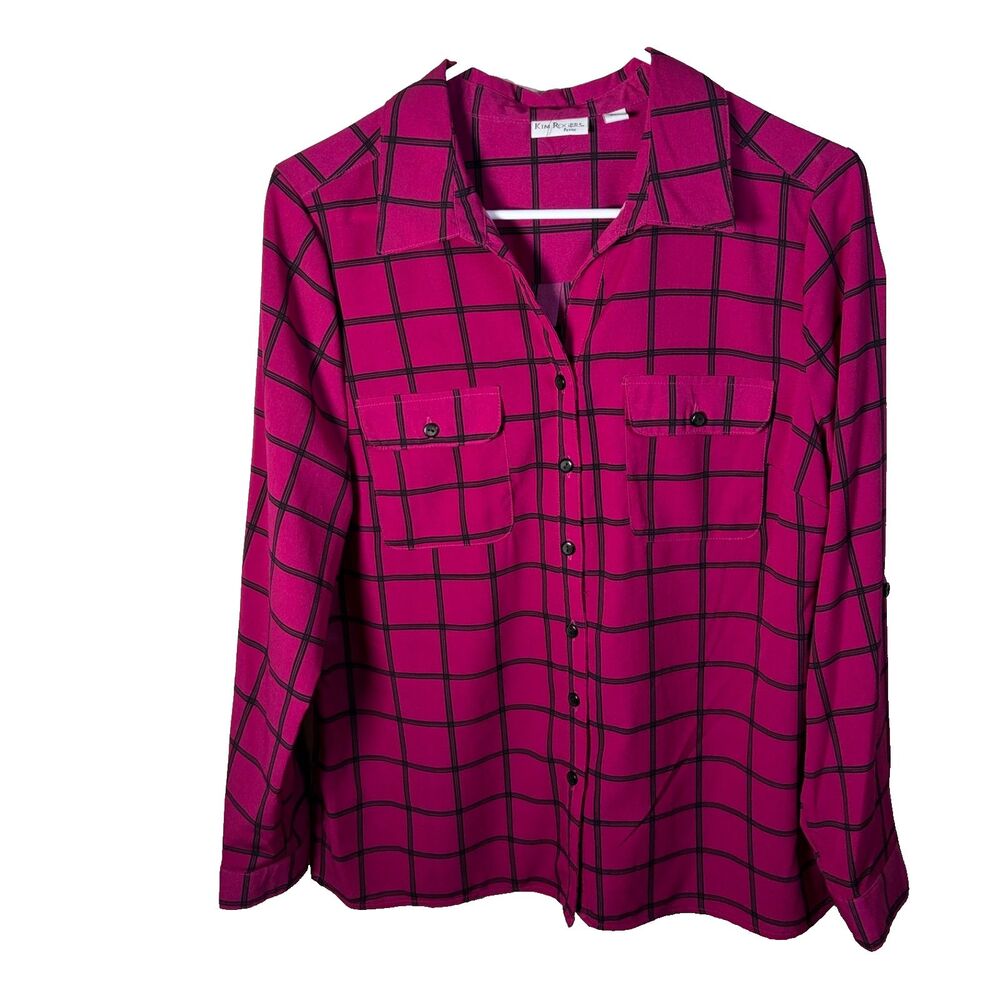 Kim Rogers Shirt Women's Petite Large Purple Plaid Button Up Long Sleeve Top
